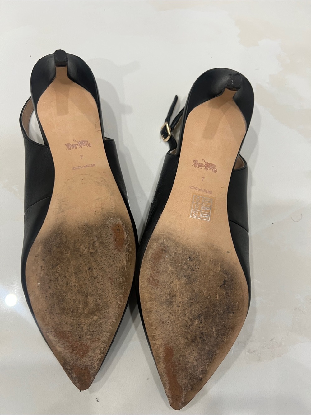 Coach Black Leather Pointed Slingback Mules with Gold Plaque - Picture 2 of 5